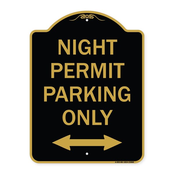 Signmission Night Permit Parking W/ Bi-Directional Arrow, Black & Gold Aluminum Sign, 18" x 24", BG-1824-23860 A-DES-BG-1824-23860 - main
